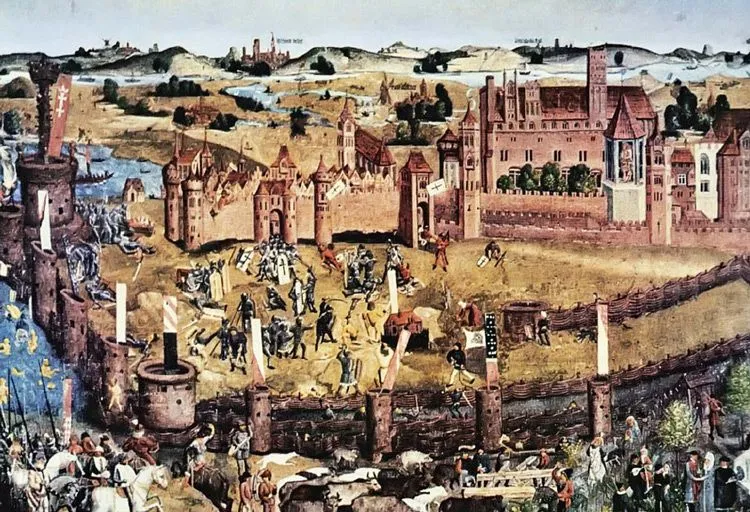 Reprodukcja obrazu "Oblężenie Malborka" - dzieła prezentującego kampanię prowadzoną przez wojska Związku Pruskiego - wisi w gdańskim Dworze Artusa.