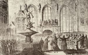 Fontanna Neptuna na rycinie przedstawiającej egzekucję wykonywaną 7 maja 1650 roku.