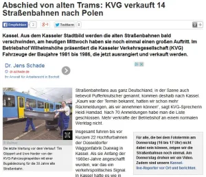 Hessische Niedersächsische Allgemeine pisze o pożegnaniu tramwajów, które już niedługo opuszczą Kassel i po modernizacji wyjadą na ulice Gdańska.