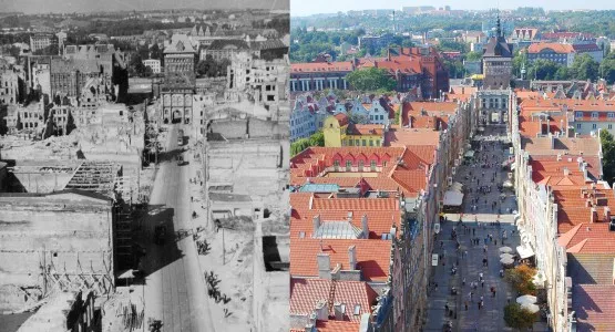 Ul. Długa w Gdańsku. Jej stan w 1947, a także w 2005 roku.