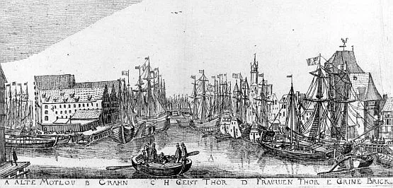 Na początku XVII wieku Gdańsk był jednym z największych portów europejskich i najbogatszym polskim miastem. Rycina Aegidiusa Dickmanna z 1617 r. pt. Port 
na Motławie.