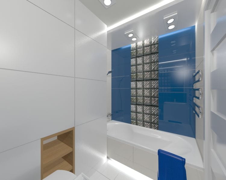 Koncepcja druga. Szklane pustaki jako część ściany wyglądają sprawiają, że łazienka staje się niebanalna. Dodatkowo zmieniają się nieco proporcje pomieszczenia. 