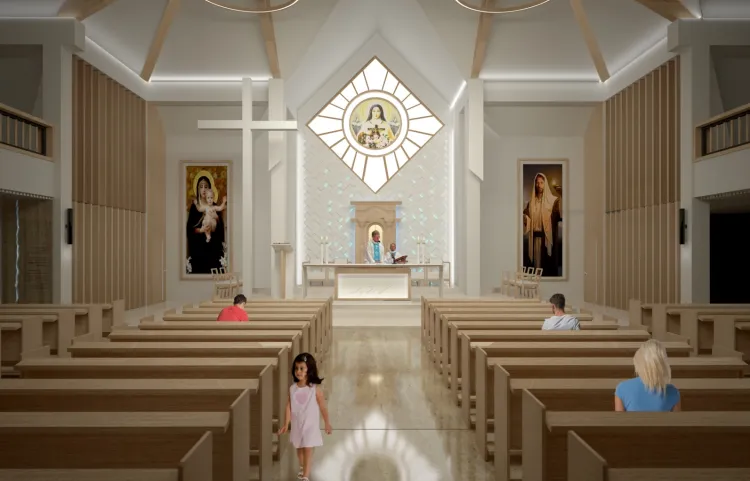 Wizualizacja wnętrza kościoła. Wizerunek patronki kościoła odwzorowany zostanie na napinanej, podświetlanej tkaninie.