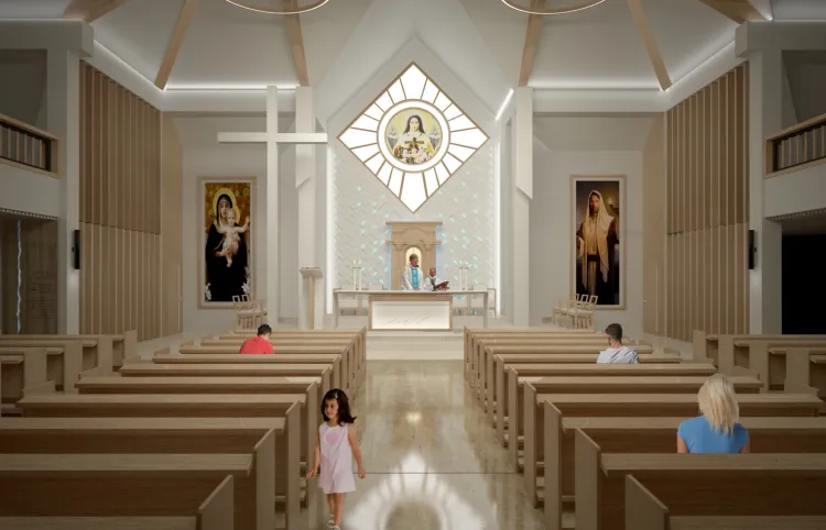 Wizualizacja wnętrza kościoła. Wizerunek patronki kościoła odwzorowany zostanie na napinanej, podświetlanej tkaninie.