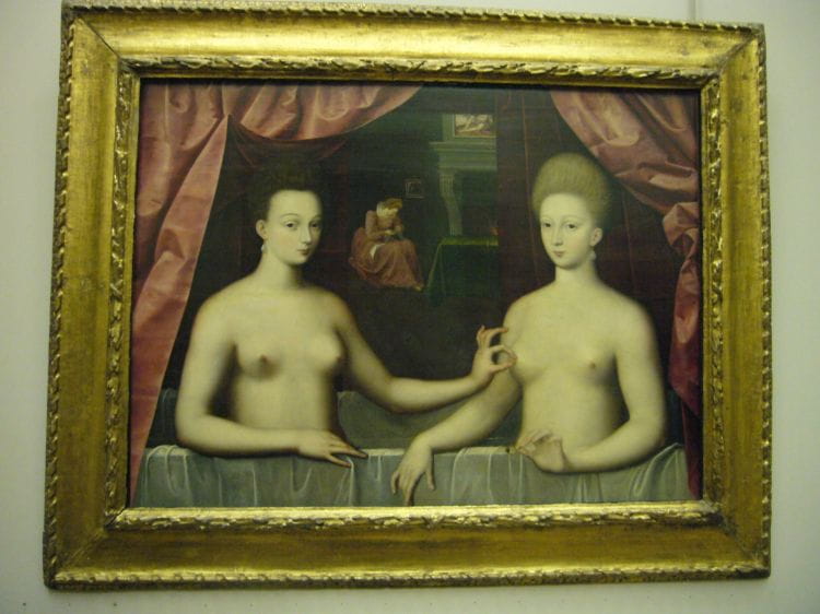 "Gabrielle d'Estrées i jedna z jej sióstr" obraz pochodzący ze Szkoły z Fontainebleau ze zbiorów paryskiego Luwru. 
