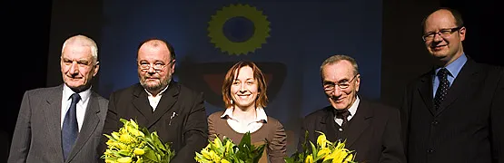 Od lewej Marek Podhajski, Paweł Huelle, Marzena Świtała (za Andrzeja Stelmasiewicza), Józef Bachórz (za Marię Janion) oraz Prezydent Gdańska Paweł Adamowicz