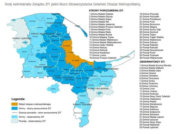 Gminy które są objęte stowarzyszeniem ZIT oraz gminy obserwatorzy stowarzyszenia.