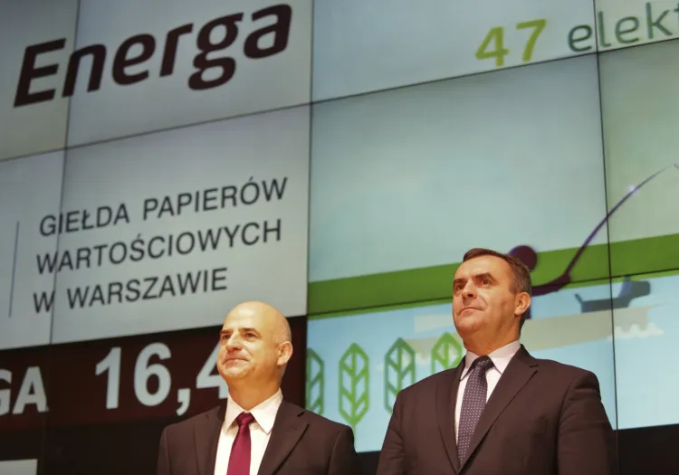 Prezes Energa SA Mirosław Bieliński i minister skarbu państwa Włodzimierz Karpiński podczas debiutu Energa SA na giełdzie.