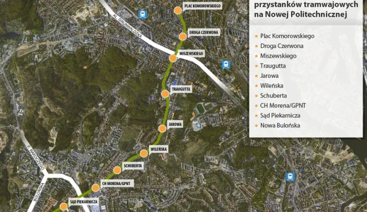 Planowany przebieg ul. Nowej Politechnicznej wraz z roboczo nazwanymi przystankami.