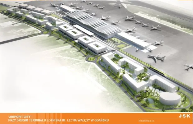 Koncepcja architektoniczno-urbanistyczna przygotowana dla terenów należących do portu lotniczego w Gdańsku.
