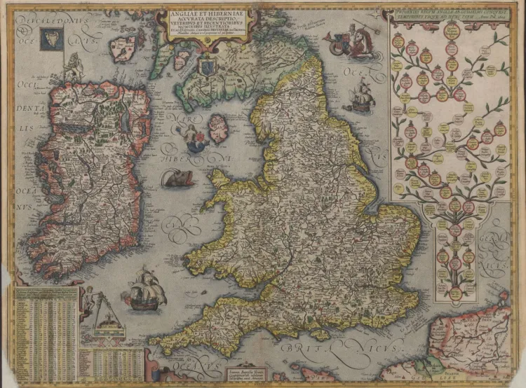 Mapa Anglii z atlasu Orteliusa, z Antwerpii który powstał w 1612 r. Liczy 377 kart zawierających  kilkadziesiąt map  miedziorytniczych pięknie kolorowanych, opatrzonych obszernym  tekstem. 
