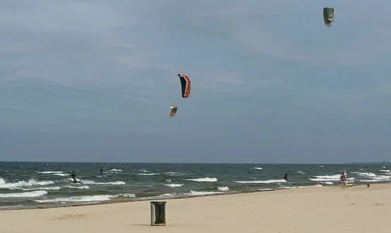 W wietrzne dni na plaży w Orlinkach roi się od miłośników kitesurfingu.