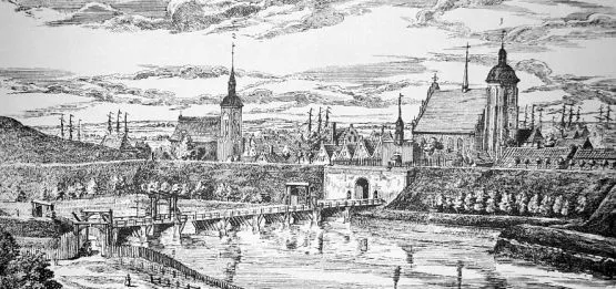 Widok na Stare Miasto i Bramę św. Jakuba, którą po wyjściu z gospody mijali Schönhoff i Kreuzer. Rycina Mateusza Deischa z 1765 r.