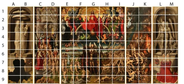 "Sąd Ostateczny" Hansa Memlinga, podczas fotografowania w świetle widzialnym (VIS), podzielono na 117 kadrów.