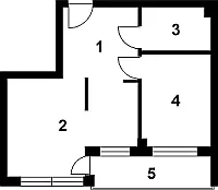 Rozkład mieszkania pani Katarzyny. 1 - przedpokój, 2 - pokój dzienny z aneksem kuchennym, 3 - łazienka, 4 - pokój, 5 - balkon.