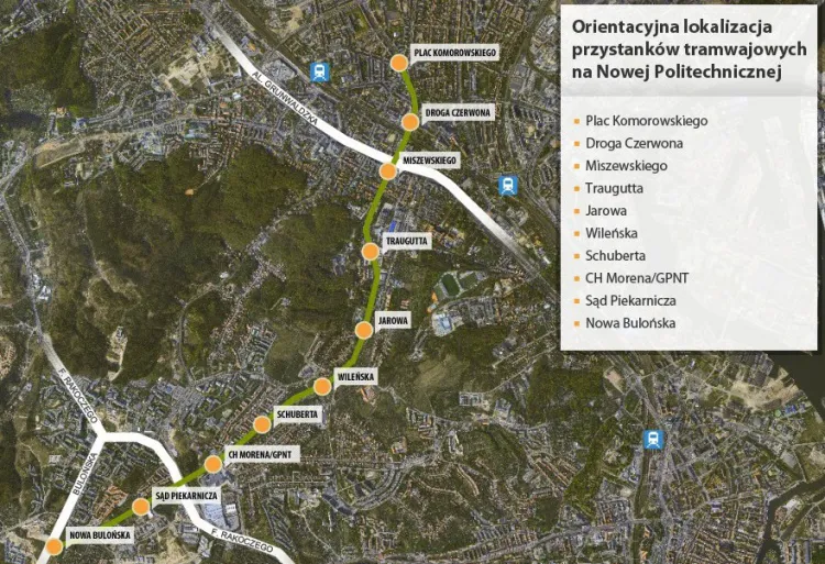 Przebieg ul. Nowej Politechnicznej w Gdańsku wraz z planowanymi przystankami trasy tramwajowej.