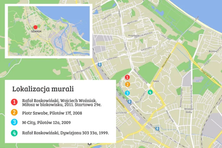 Mapa historycznych murali na terenie Zaspy.