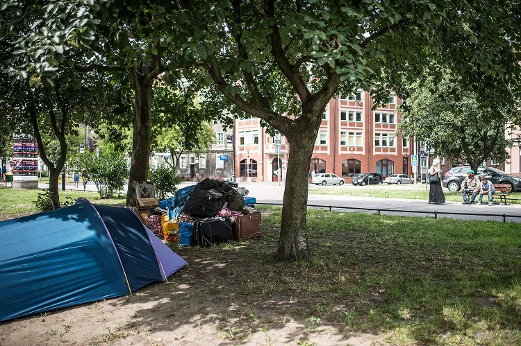 Namiot i towary, ustawione na trawniku przy Podwalu Staromiejskim w Gdańsku. Handlujący koczują w tym miejscu od kilku dni, aby zająć miejsca na zbliżający się Jarmark św. Dominika.