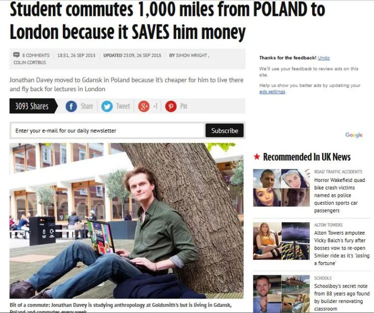 Przeprowadzka do Gdańska 23-letniego brytyjskiego studenta antropologii pozwoliła zaoszczędzić mu sporo pieniędzy.