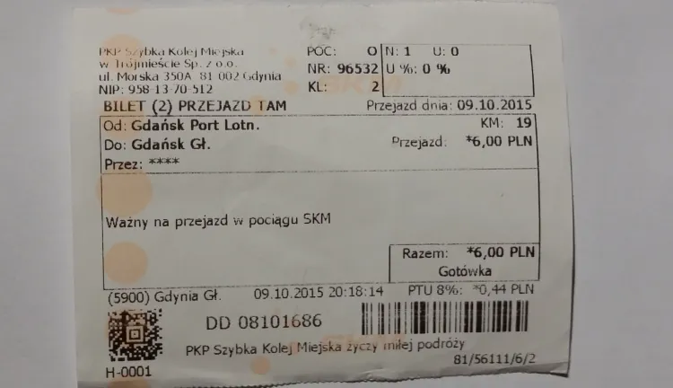 Bilet za 6 zł z przejazdu PKM-ką miedzy lotniskiem a centrum Gdańska.