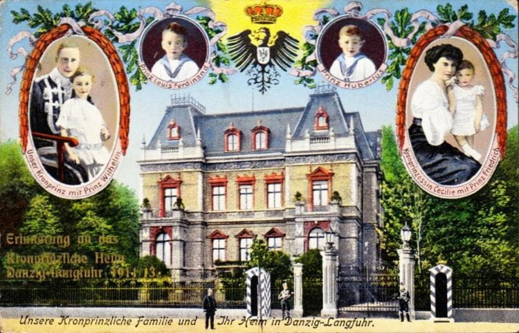 Willa Dippe i portrety członków rodziny następcy niemieckiego tronu Wilhelma, na pocztówce wydanej z okazji ich pobytu w Gdańsku.