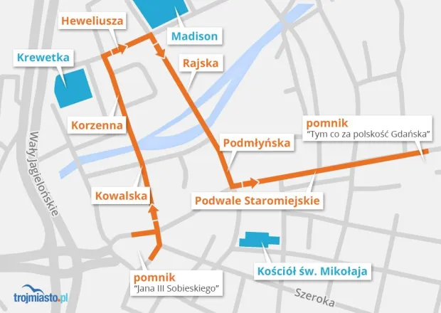 Trasa niedzielnego marszu Nie! Dla imigrantów w Gdańsku.