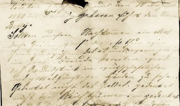 Reprodukcja listu sporządzonego przez Jacoba Salomona 19 kwietnia 1882 r. i odnalezionogo przed kilkoma dniami w ścianie domu przy Długiej Grobli.