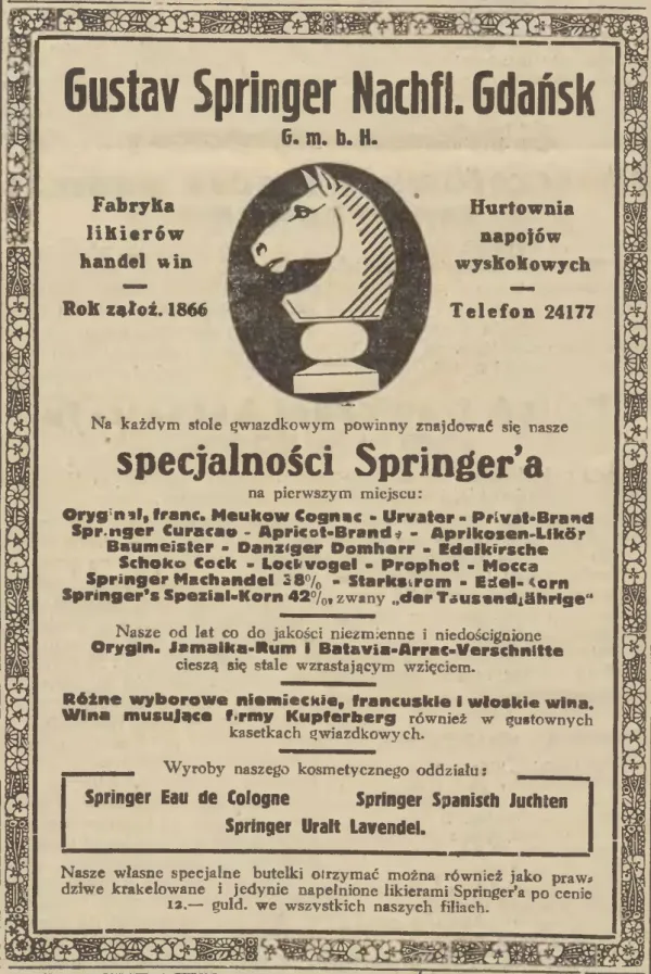 Reklama firmy w polskiej prasie, ukazała się w Gazecie Gdańskiej, 22 grudnia 1938 r.