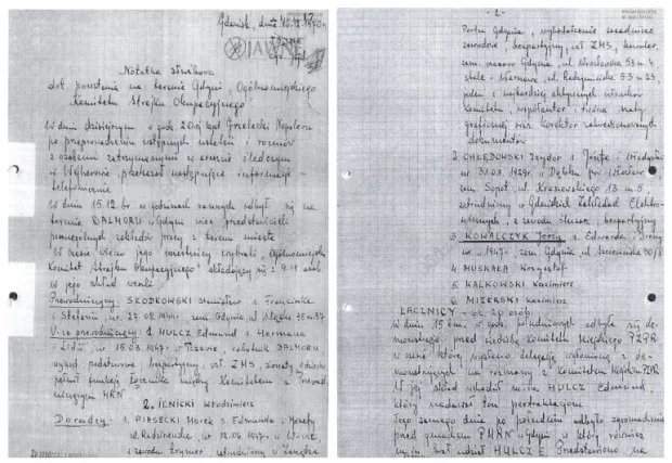 Notatka SB-eka zawierająca relację z przebiegu wydarzeń w Gdyni 15 grudnia.