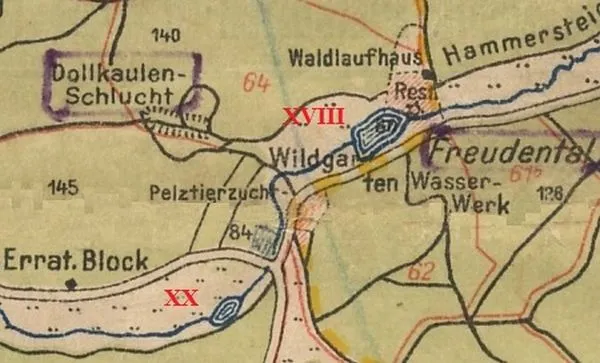 Fragment mapy Doliny Radości z 1929 r. z zaznaczonymi kolorem czerwonym lokalizacjami kolejnych młynów na Potoku Oliwskim, a także zwierzyńcem ("Wildgart.") i fermą zwierząt futerkowych ("Pelztierzucht"). Ze zbiorów Piotra Leżyńskiego
