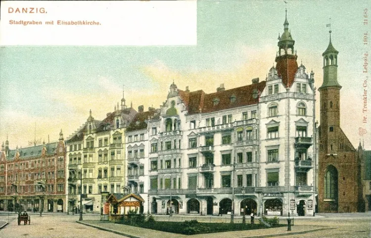 Nieistniejący już dziś ciąg budynków w pobliżu kościoła św. Elżbiety. Pocztówka wydana w 1904 r.