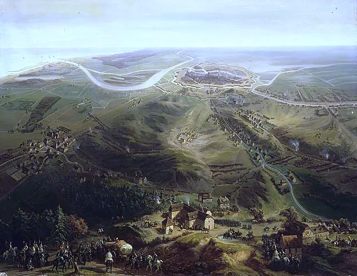 Widok na Gdańsk oblegany przez wojska francusko-polsko-saskie w 1807 r. Obraz francuskiego malarza Jeana-Antoine'a-Siméona Forta.
