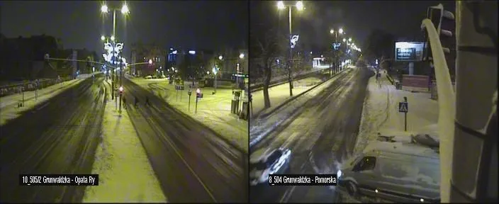 Aleja Grunwaldzka o godz. 6:30 w czwartek rano. Czarna i mokra jezdnia.