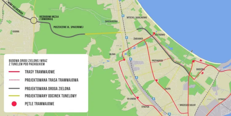 Mapa przebiegu Drogi Zielonej z tunelem pod Pachołkiem oraz ul. Nowej Kielnieńskiej.