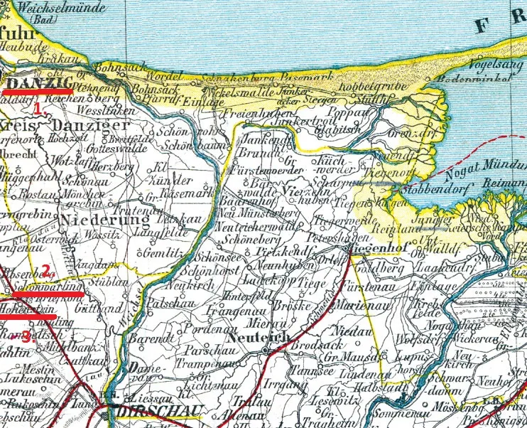 Na początku XX wieku Pomorze Gdańskie było zamieszkane zarówno przez Polaków jak i Niemców. Na mapie oznaczono: Skowarcz (niem. Schönwarling) - pkt. 2, Pszczółki (niem. Hohenstein) - pkt. 3, Gdańsk (niem. Danzig) - pkt. 1.  