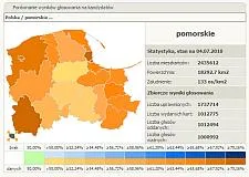 Pomarańczowy kolor pokazuje zwycięstwo w powiecie Bronisława Komorowskiego. Intensywność koloru rośnie wraz z rozmiarami zwycięstwa.