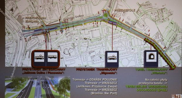 Lokalizacja przystanków tramwajowych na odcinku Rakoczego - tunel tramwajowy.