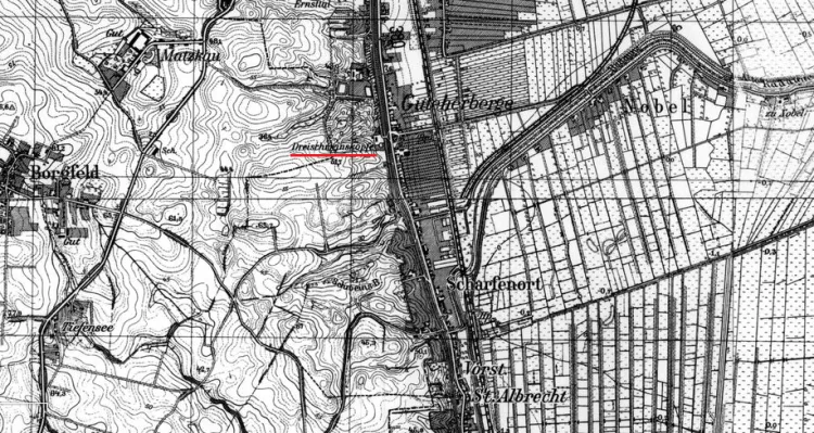 Gospoda "Trzy świńskie łby" (niem. Drei Schweinsköpfe) w Lipcach (niem. Guteherberge), zaznaczona na przedwojennej mapie. Lipce zostały włączone w granice administracyjne Gdańska w 1954 r.