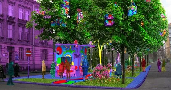 Barwny kiosk i fantazyjne karmniki dla ptaków- oto wizja Dolnego Miasta według Carmen Einfinger.