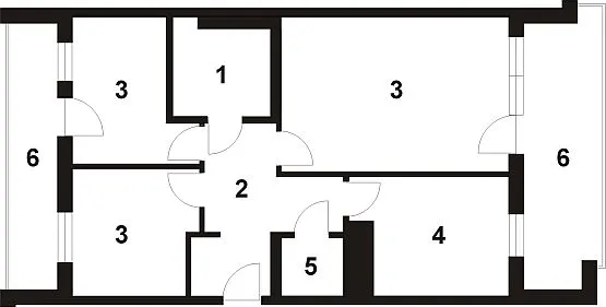 Tak rozmieszczone są pomieszczenia w mieszkaniu pani Agnieszki: 1 - łazienka, 2 - przedpokój, 3 - pokój, 4 - kuchnia, 5 - toaleta, 6 - balkon