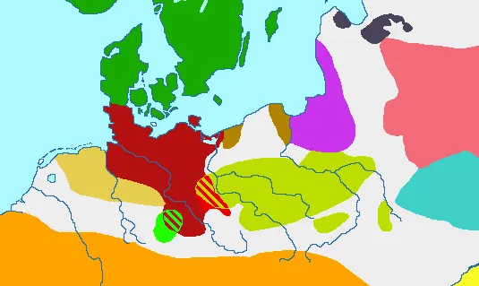 Kultury archeologiczne okresu przedrzymskiego epoki żelaza (600 lat p.n.e - I w. p.n.e.) Zasięg kultury oksywskiej zaznaczono kolorem brązowym.