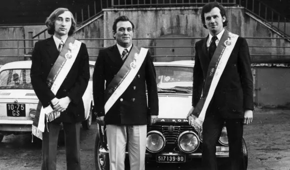 Rok 1972. Pamiątkowe zdjęcie rajdowców. Od lewej stoją: Andrzej Lubiak, Mario Graziani, Waldemar Porada.