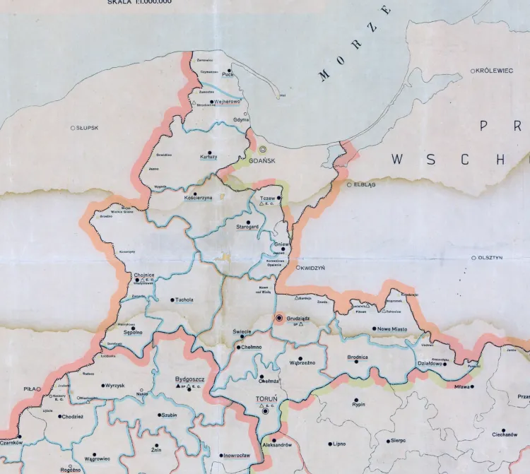 Granice województwa pomorskiego w 1929. Fragment mapy prezentującej strukturę polskiej administracji skarbowej. 