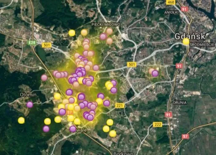 Mapa smrodu z lipca 2015 roku.