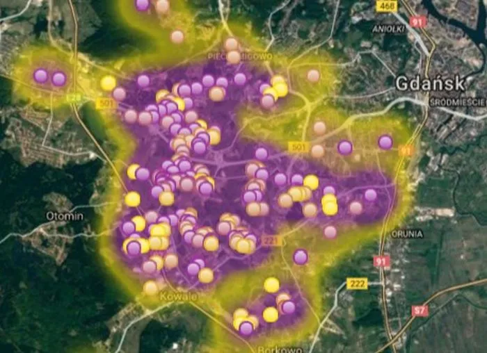 Mapa smrodu z lipca 2016 roku.