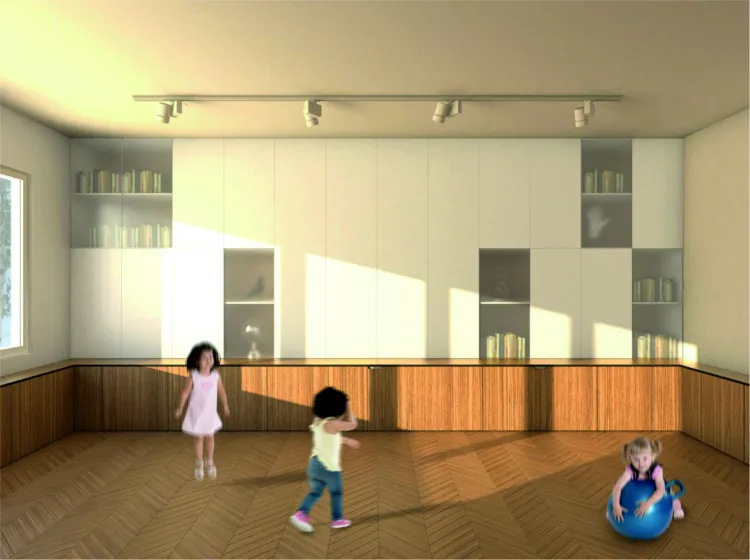 Współczesny Salon Gdyński ma pełnić funkcję dydaktyczno-rekreacyjną w godzinach 8 -16, z kolei w pozostałą część czasu ma być komfortową przestrzenią mieszkalną. Założeniem projektu jest połączenie salonu z salą dla dzieci, biorąc pod uwagę różniące się od siebie potrzeby użytkowników.