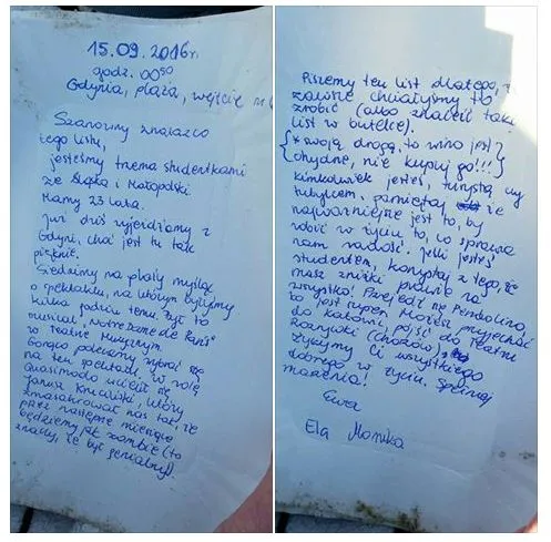 Treść listu, który wrzuciły w butelce do morza studentki odpoczywające w Gdyni.