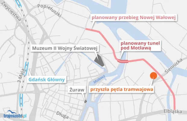 Nowa pętla tramwajowa ma powstać w ramach przedłużenia Nowej Wałowej i budowy tunelu pod Motławą.
