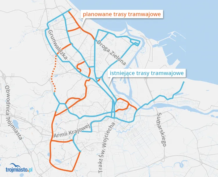 Planowany układ sieci tramwajowej w nowym studium Gdańska.