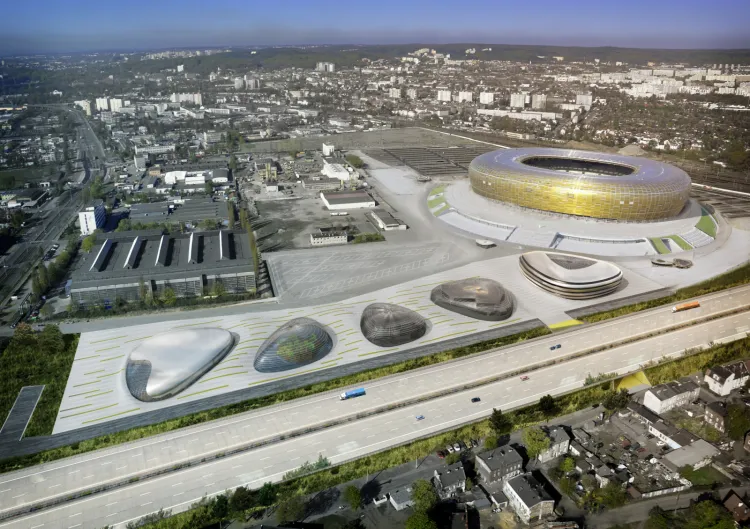 Tak, według wstępnych założeń przygotowanych przez firmę RKW, może wyglądać kompleks budynków składający się na centrum rozrywki przy stadionie w Gdańsku.